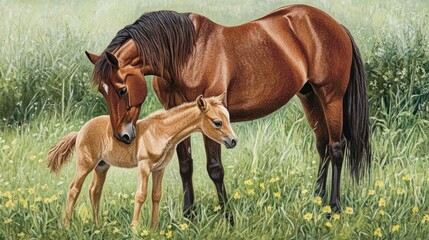 Fototapeta premium Mare and foal in a vibrant meadow