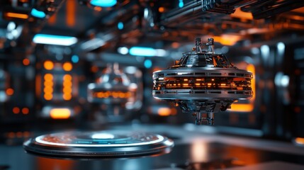 Futuristic scene depicting hovering technology in a high-tech environment with glowing accents