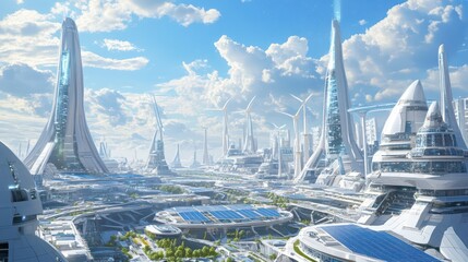 A futuristic hybrid energy station with solar panels and wind turbines, surrounded by modern buildings and electric vehicles, in sharp detail.