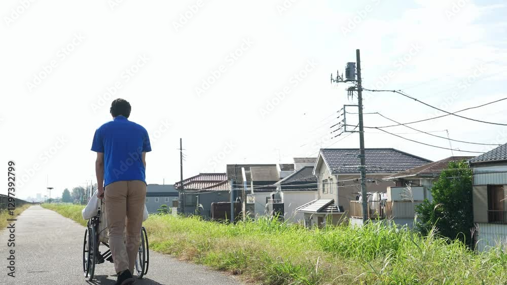 Poster シニア、男性、介護福祉士、介護、車椅子、散歩、介護士、ヘルパー、後ろ姿、外出、屋外、歩道、サポート、デイサービス、高齢者、お年寄り、老人ホーム、施設、デイケア、レク、住宅街、公園、道、自然、青空、コピースペース、背中、福祉、ウェルネス、障害、障がい者、ボランティア、日本人、サービス、支援、フレイル、サルコペニア、哀愁、高齢化社会、老後、終活、ホームヘルパー、風景、広角、看護、見守り、遠近感、ライフ