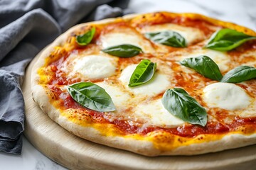 A delicious pizza topped with mozzarella, basil leaves, and vibrant red sauce, placed on a wooden board against a marble background. The golden-brown crust and creamy cheese are showcased beautifully.