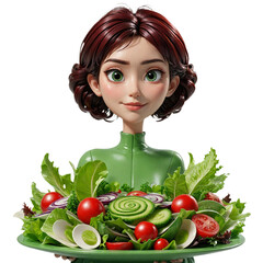 A smiling cartoon girl holding a large fresh green salad.