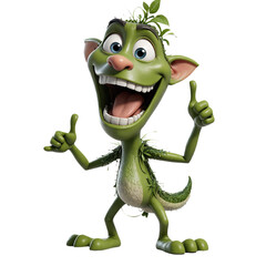A happy green cartoon creature with plants growing on its body gives two thumbs up.