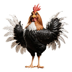 A detailed 3D rendering of a rooster with black, white, and brown feathers against a cut out background.