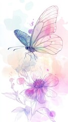 Obraz premium Iridescent butterfly sketch over blooming flower