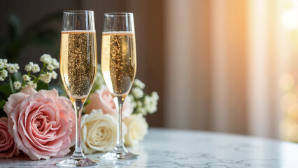 Elegant Champagne Toast for Mother's Day: Sparkling Glasses on Marble with Flowers - Perfect for Brunch Promotions