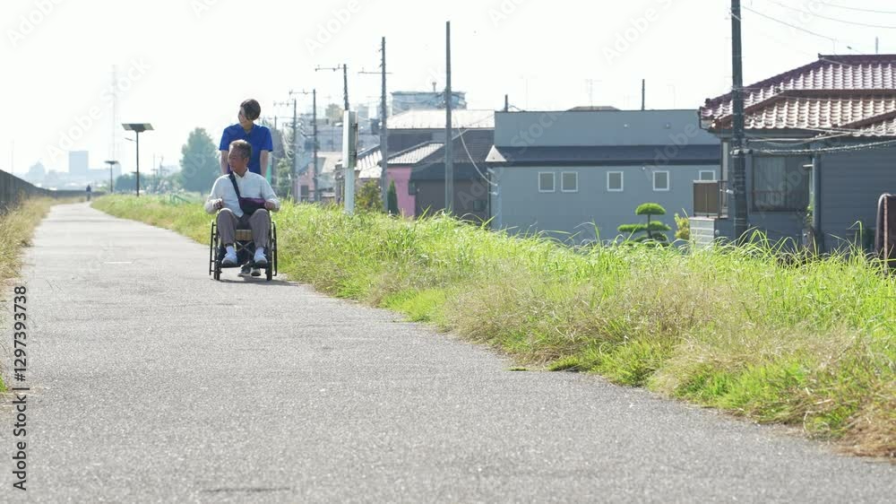 Poster シニア、女性、介護福祉士、介護、車椅子、散歩、介護士、ヘルパー、外出、屋外、歩道、サポート、デイサービス、高齢者、お年寄り、老人ホーム、施設、デイケア、レク、住宅街、公園、道、自然、青空、コピースペース、福祉、ウェルネス、障害、障がい者、ボランティア、男性、日本人、サービス、支援、フレイル、サルコペニア、哀愁、高齢化社会、老後、終活、ホームヘルパー、風景、広角、看護、見守り、リハビリ、ライフスタイ