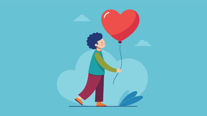 Child with a heart-shaped balloon enjoying a sunny day in a whimsical landscape with clouds and grass