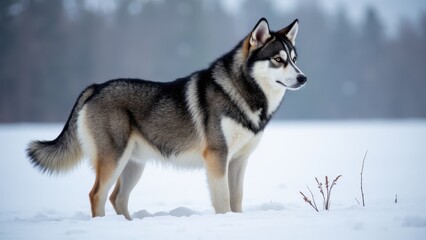 Naklejka premium A Mackenzie River Husky standing in the snow, showcasing its thick fur and alert posture.