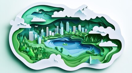Paper cut cityscape, nature, lake, mountains