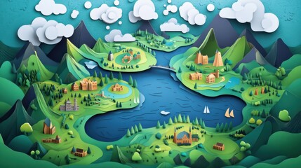 Papercraft landscape, scenic view, charming towns, digital art, background, travel, vacation, illustration, possible use stock photo