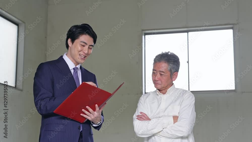 Poster シニア、男性、ビジネスマン、ビジネス、説明、会話、倉庫、不動産、物件、営業、内覧、内見、下見、オーナー、賃貸、案内、業者、打ち合わせ、リフォーム、大家、中古、工場、スケルトン、店舗、書類、見積もり、仲介、紹介、ビジネスパーソン、日本人、販売、査定、売却、空き家、内装、改装、買取、住宅、物置、固定資産税、税理士、相続、税務調査、価格、相談、点検、修繕、引っ越し、交渉、人物
