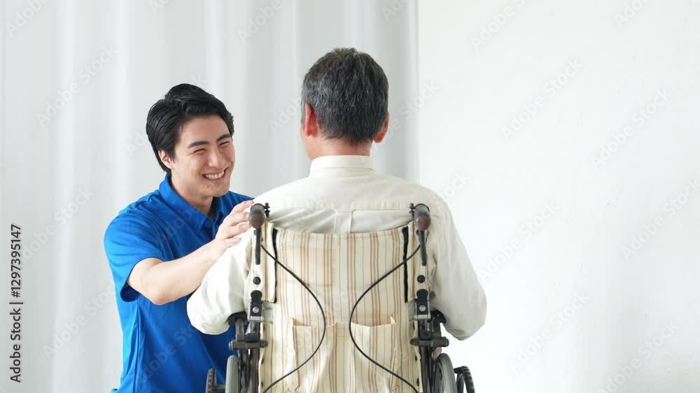 Poster 男性、シニア、介護士、介護福祉士、介護、車いす、老人、患者、車椅子、障害、サポート、支援、スタッフ、デイサービス、ヘルパー、ホームヘルパー、日本人、高齢者、お年寄り、リハビリ、真心、笑顔、介助、優しさ、訪問、障がい者、老人ホーム、介護施設、仕事、アルバイト、ウェルネス、理学療法士、病院、治療、診療、安心、サービス、コピースペース、医療、マッサージ、リハビリテーション、福祉、ヘルスケア、職員、見守り
