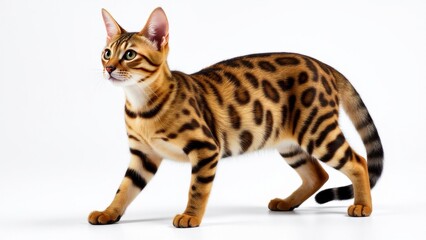 A marble Bengal cat with a striking coat pattern stands on a white background.