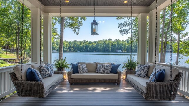 Lakeside porch swing seating with lake view
