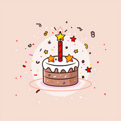 A cute cartoon style birthday cake with one candle, decorated with stars and confetti on a light pink background.