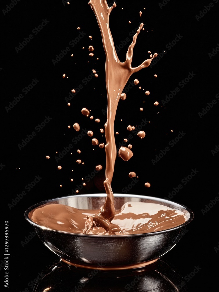 Poster Chocolate splashes create an artistic scene in a shiny bowl against a black background. Generative AI