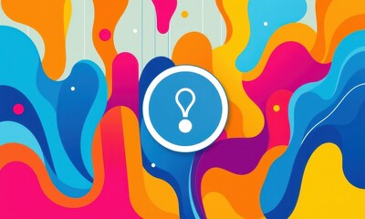 An Abstract Representation of Vibrant Colors and Shapes with a Central Question Mark Symbol in a Blue Circle, Illustrating Creative Curiosity