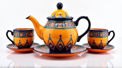 Moroccan tea set with intricate patterns and vibrant colors, featuring a teapot and two cups with saucers.