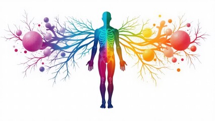Obraz premium A colorful illustration of the human nervous system with branching nerves extending from the body, highlighting the complexity and connectivity of the nervous system chart.