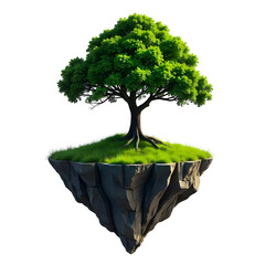 A tree with green leaves on a floating island with grass, the island is made of green rock on transparent background