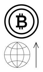 Bitcoin logo in a circle, a globe, and an upward arrow. Ideal for digital currency, global finance, blockchain technology, economic growth, investment strategies, tech transformation innovation
