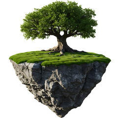 A tree with green leaves on a floating island with grass, the island is made of green rock on transparent background