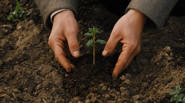 A pair of hands planting a small seedling in rich soil, representing the start of a journey toward growth and success.