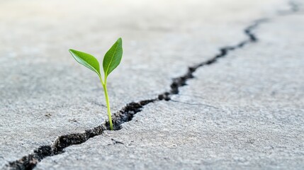 A single green shoot sprouting from a deep crack in solid concrete, symbolizing hope and perseverance.