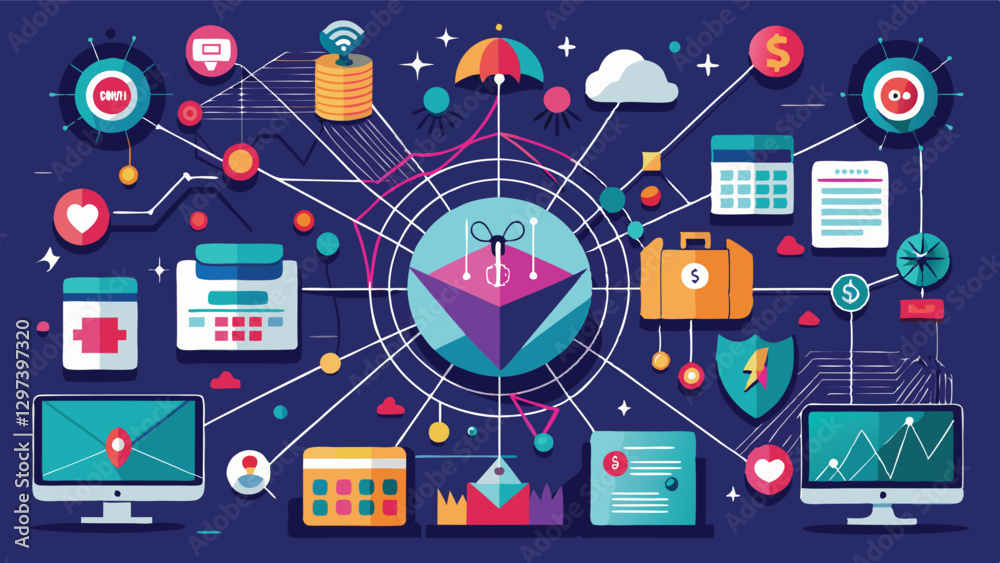 Aufkleber Creative vector illustration showcasing a network of technology icons connected by vibrant lines in a digital theme with a bright orange background