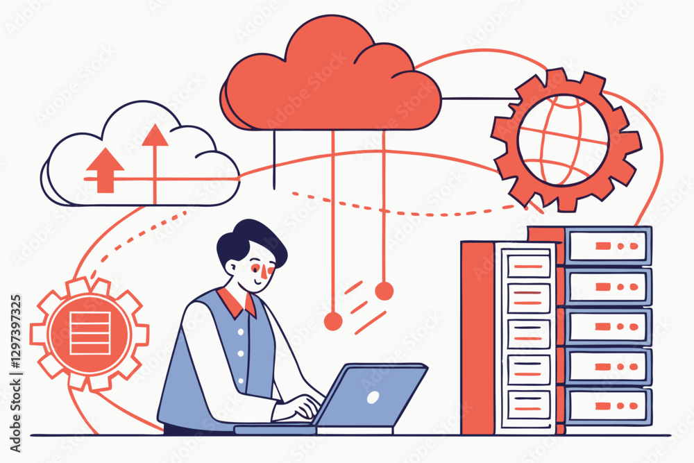Fototapete illustration of a person working on a laptop connected to cloud computing and server storage in a mo