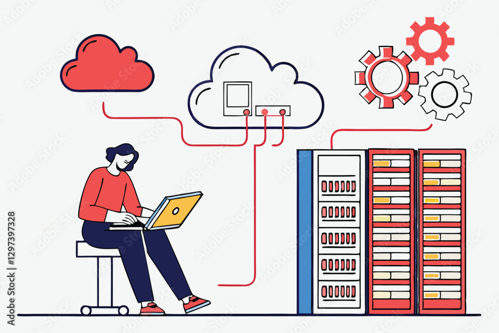 Aufkleber Illustration of a person working on a laptop connected to cloud computing and server storage in a modern workspace