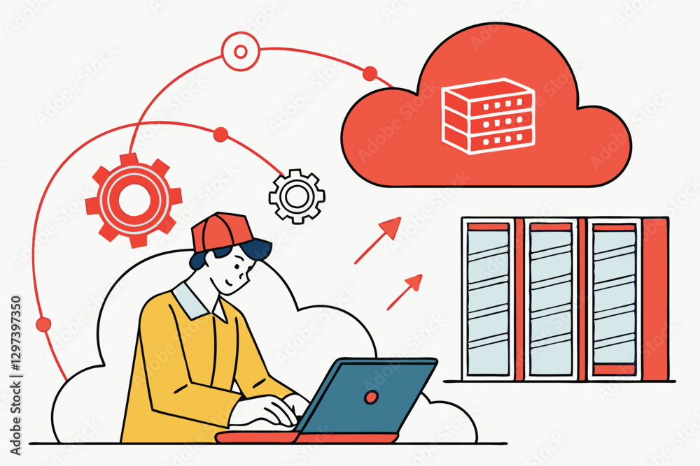 Fototapete illustration of a person working on a laptop connected to cloud computing and server storage in a mo