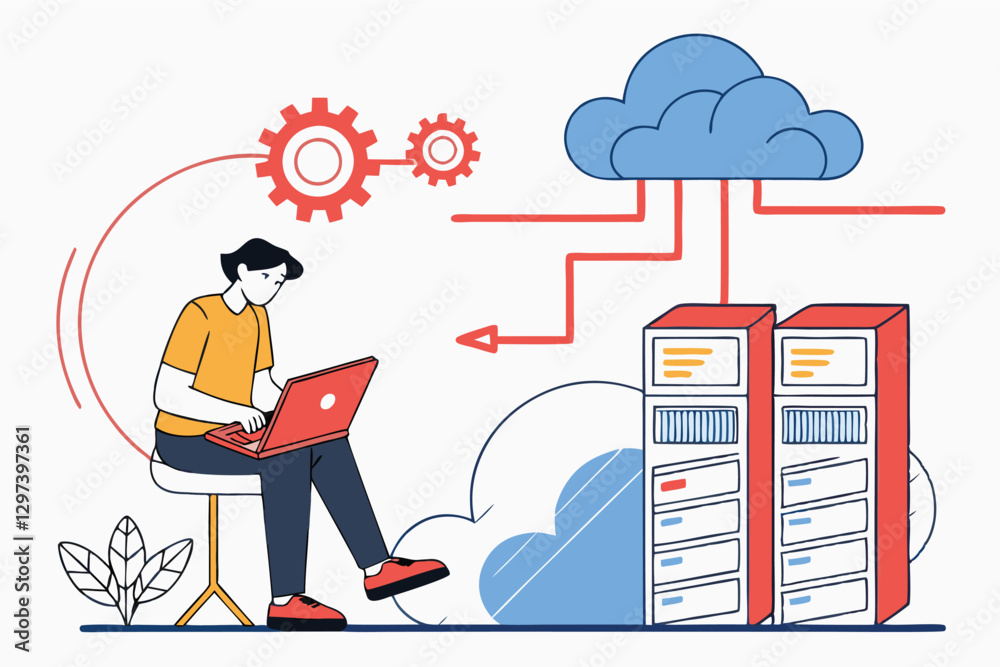Leinwandbilder illustration of a person working on a laptop connected to cloud computing and server storage in a mo