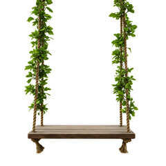 A wooden swing with ropes covered in green leaves on transparent background