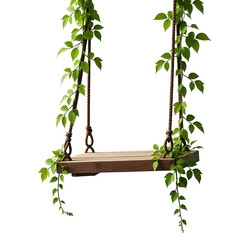 A wooden swing with ropes covered in green leaves on transparent background