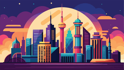 Fototapeta premium Vibrant city skyline illustration featuring modern architecture against a colorful sunset background