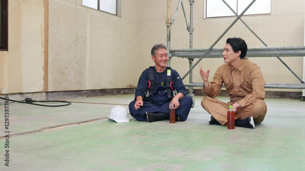 Aufkleber 仕事、職業、工事、休憩、床、塗装、大工、職人、作業員、建築、現場、麦茶、水分補給、改装、建設、足場、作業服、ニッカポッカ、昼休み、労働基準法、休憩時間、スケジュール、作業、仲間、チームワーク、施工、管理、労災、労働災害、熱中症予防、業者、下請け、職場、労働者、解体、リフォーム、内装、佐官、鳶、親方、棟梁、中小企業、個人事業主、アルバイト、スポットワーク、スキマバイト、肉体労働、フルハーネス、安全、