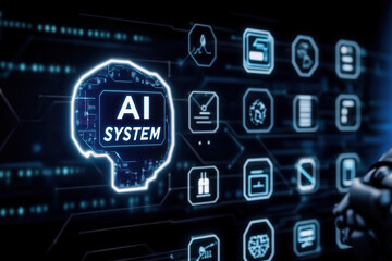 Futuristic digital interface with AI SYSTEM displayed inside a glowing neural brain outline, featuring advanced technology icons and cyber elements in a high tech environment