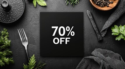 A stylish flat lay showcases a 70% off discount with fresh herbs on a textured black backdrop.
