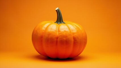 An orange pumpkin with a green stem sits against an orange background.
