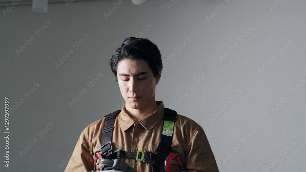 Aufkleber 男性、消防士、エンジニア、技術者、工事、大工、作業員、ヘルメット、安全、出動、防災、消防、レスキュー隊、救急、救助、災害、危険、暗い、ダーク、フルハーネス、高所作業、ランヤード、山岳、遭難、捜索、救援、現場、建設、建築、仕事、働く、転職、人材、クール、かっこいい、準備、訓練、職人、ハイパーレスキュー、技師、プロ、コピースペース、日本人、職業、作業服、修理、インフラ、点検、メンテナンス、人物
