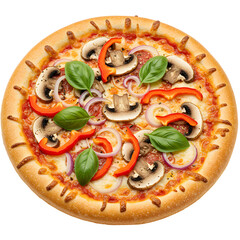 A pizza with mushrooms and red peppers on transparent background