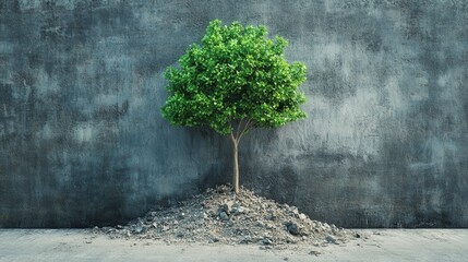 A vibrant green tree bursting through a damaged concrete wall, representing growth against adversity