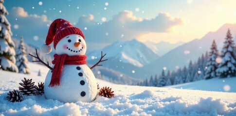 Fototapeta premium A happy snowman surrounded by snowflakes and pinecones in a vast winter expanse with mountains and clouds , snowflakes, snowy peaks
