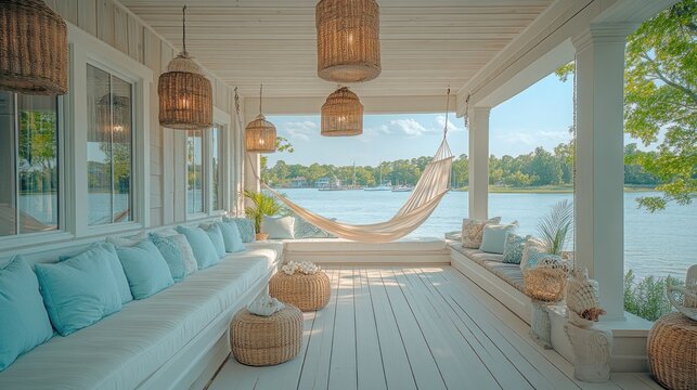 Lakeside porch with hammock and seating