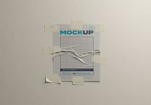 Ripped Torn Paper Stuck to the wall with Tape Mockup