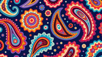 Colorful paisley pattern with intricate designs on a dark blue background.