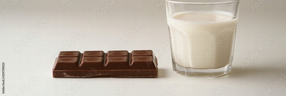 Poster chocolate bar beside a glass of milk on a simple surface during midday snack time. generative ai