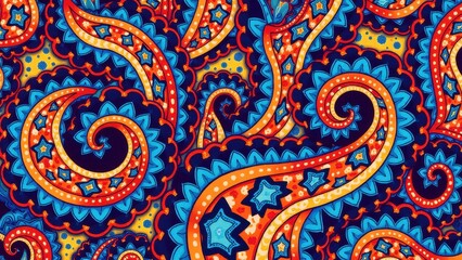 Vibrant paisley color pattern with intricate designs in blue, red, and yellow hues.